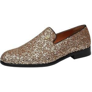 Elanroman Mens Size 12 Shiny Gold Glitter Slip On Loafer Prom Wedding Shoes